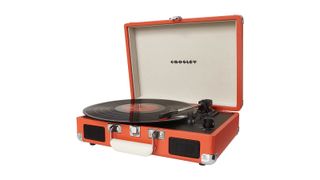 How to buy your first vinyl record player: Crossley Cruiser suitcase turntable in orange