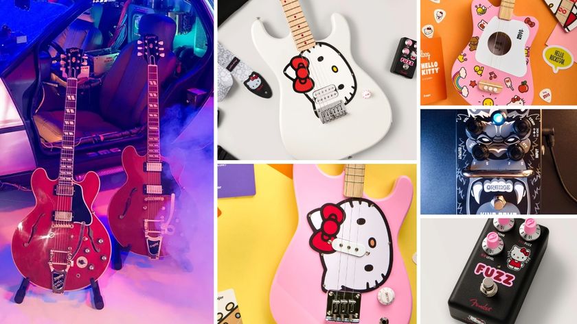 Gibson Back to the Future ES-345, Fender Hello Kitty, Loog Hello Kitty, Orange King Comp