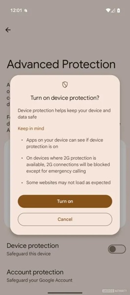 A snapshot of Google's Advanced Protection "turn on" pop-up, which gives users bolstered defenses against a wide range of threats.