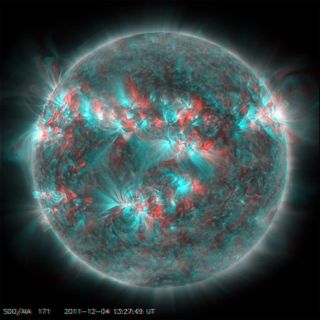 <br>NASA's Solar Dynamics Observatory (SDO) mission created this magical shot from pairs of high-resolution images of the sun taken about eight hours apart on Dec. 4, 2011. Using imaging software, the scientists turned the results into a 3-D sun. The sun