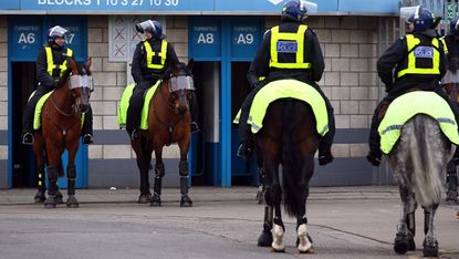 LONDON, ENGLAND - JANUARY 28:Police on horses outside the stadium before the FA Cup Fourth Round match between Millwall and Southampton at The Den on January 28, 2012 in London, England.(Phot