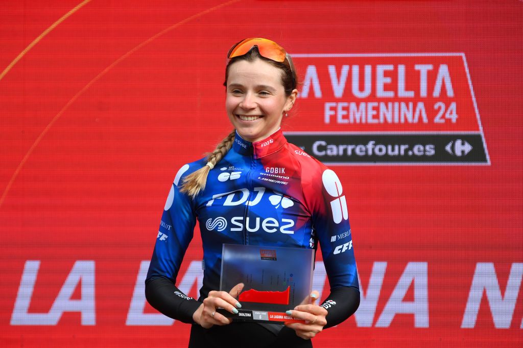 VINUESA SPAIN MAY 03 Evita Muzic of France and Team FDJ SUEZ celebrates at podium as stage winner during the 10th La Vuelta Femenina 2024 Stage 6 a 1321km stage from Tarazona to La Laguna Negra Vineuesa 1722m UCIWT on May 03 2024 in Vineuesa Spain Photo by Alex BroadwayGetty Images