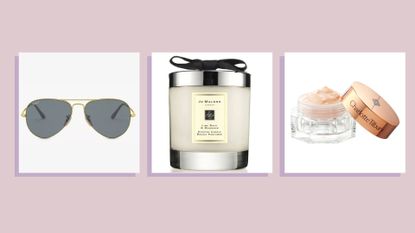 A composite image of three of the best 50th gifts to buy in 2022: ray ban sunglasses, jo malone candle and charlotte tilbury eye cream