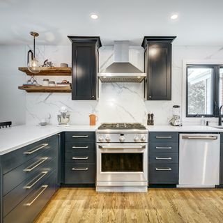 kitchen with black cabinet and blue drawers