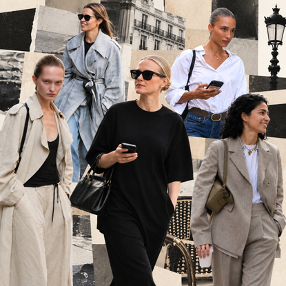 Street style collage featuring five women in timeless fall wardrobe staples, including trench coats, tailored suits, a white button-down, jeans, and an all-black outfit.