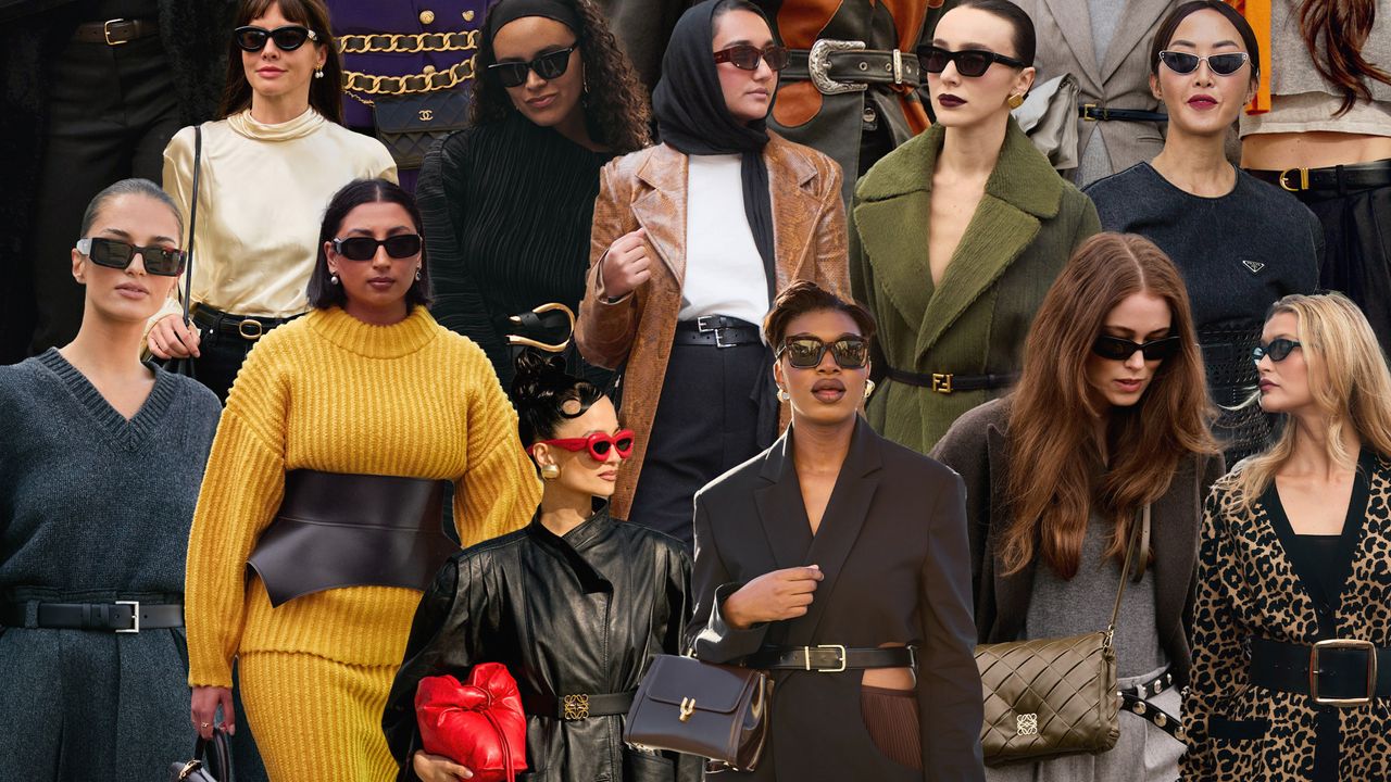 A collage of street style images of women wearing luxury belts.