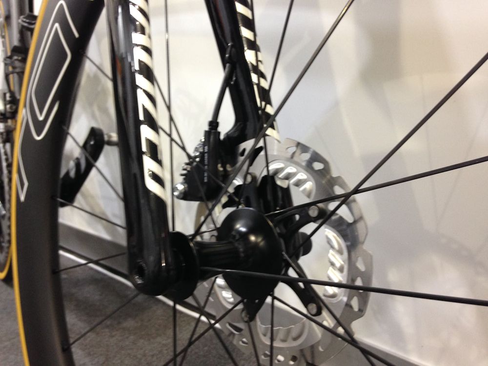A close-up look at the disc brake system on the bike Peter Sagan has been riding in Australia