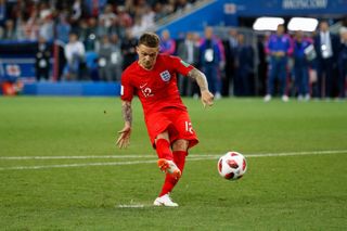 Moscow, Russia. 3rd July, 2018. Kieran Trippier of England scores his penalty during the penalty shootout after the 2018 FIFA World Cup Round of 16 match between Colombia and England at Spartak Stadium on July 3rd 2018 in Moscow, Russia. (Photo by Daniel Chesterton/phcimages.com) Credit: PHC Images/Alamy Live News