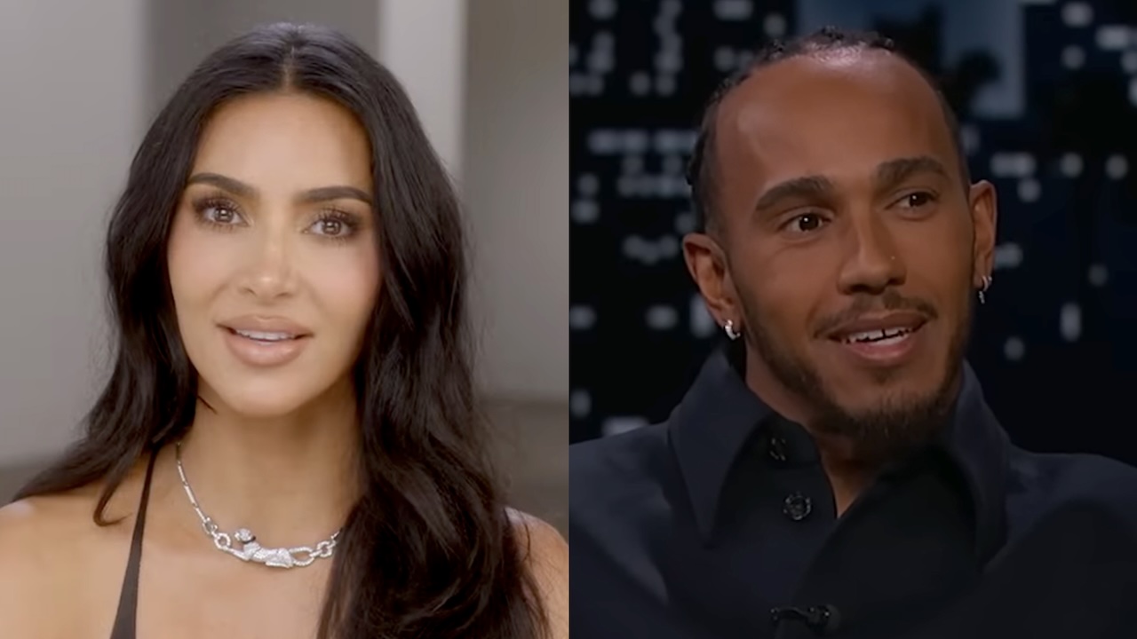 Kim Kardashian wearing silver necklace on The Kardashians/ Lewis Hamilton being interviewed on Jimmy Kimmel Live!