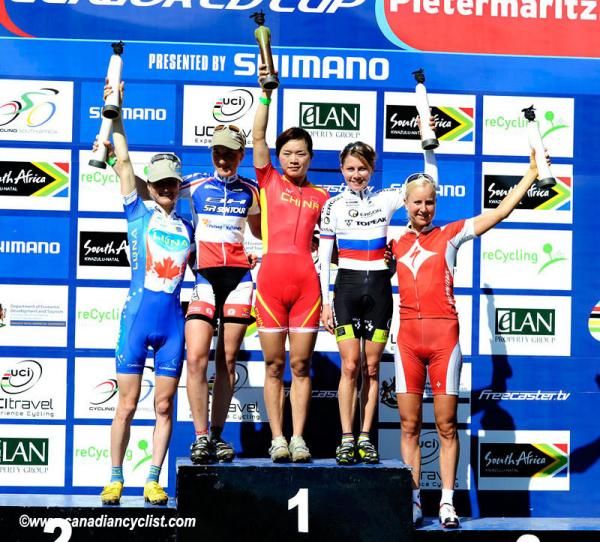 Women's podium: Pendrel, Bressette, Ren, Kalentieva, Byberg