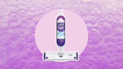We love the Swiffer PowerMop. Here is the white and purple mop on a lilac circle, with a gradient light purple bubble background behind it