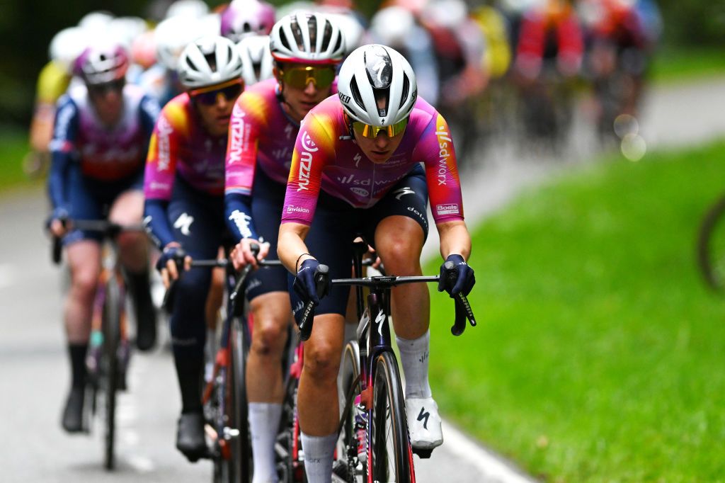 ARNHEM NETHERLANDS OCTOBER 13 Femke Markus of The Netherlands and Team SD Worx Protime leads the peloton during the 26th Simac Ladies Tour 2024 Stage 6 a 1458km stage from Arnhem to Arnhem UCIWWT on October 13 2024 in Arnhem Netherlands Photo by Luc ClaessenGetty Images