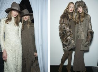 4 Models wearing white and brown dresses, fur winter coats with headwear