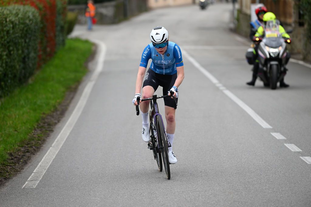 CITTIGLIO ITALY MARCH 17 Puck Pieterse of The Netherlands and Team FenixDeceuninck UCI Womens WorldTour young blue jersey competes in the breakaway during the 25th Trofeo Alfredo BindaComune di Cittiglio 2024 Womens Elite a 1405km one day race from Maccagno con Pino e Veddasca to Cittiglio UCIWWT on March 17 2024 in Cittiglio Italy Photo by Dario BelingheriGetty Images