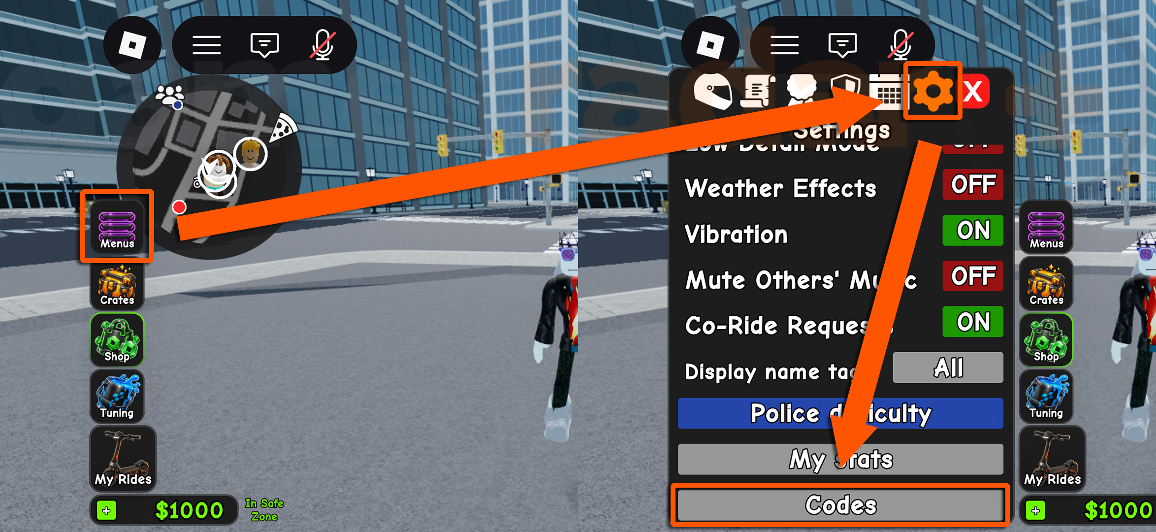Orange arrows showing how to access the menu screen used to redeem Kukirin Life codes