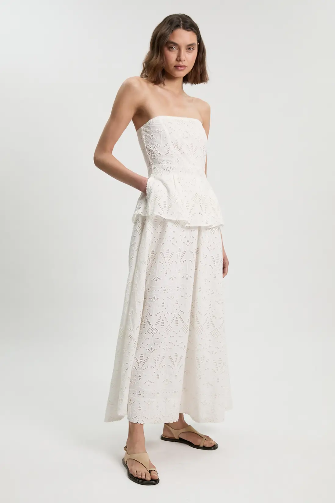 Karen Millen, Petite Cotton Broderie Peplum Bandeau Midi Dress