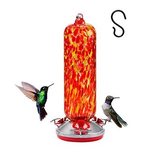 28oz Glass Hanging Hummingbird Bird Feeder for Wild Bird, Garden Decoration Unique Gardening Gifts for Wild Bird Watchers and Children, Easy to Install Clean Refill, Include Hook (flame Color)