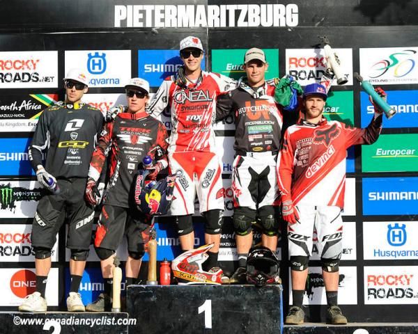 Elite men's downhill podium in Pietermaritzburg: Gee Atherton, Aaron Gwin, Greg Minnaar, Michael Hannah, Steve Smith