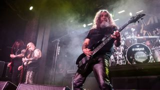 Kerry King and Tom Araya of Slayer perform at Iron City on April 24, 2015 in Birmingham, Alabama.