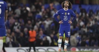 Chelsea star Marc Cucurella looks dejected during the UEFA Champions League group E match between Chelsea FC and FC Salzburg at Stamford Bridge on September 14, 2022 in London, United Kingdom.