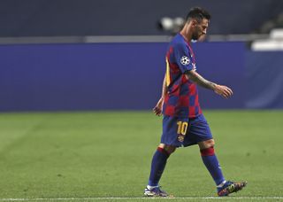 Lionel Messi leaves trudges off the pitch at half-time against Bayern Munich