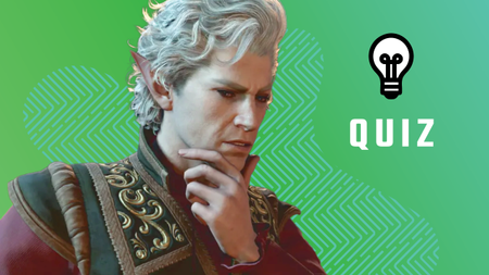 Baldur's Gate 3 - Astarion holding his chin thinking. He's placed over a green background that says "Quiz"