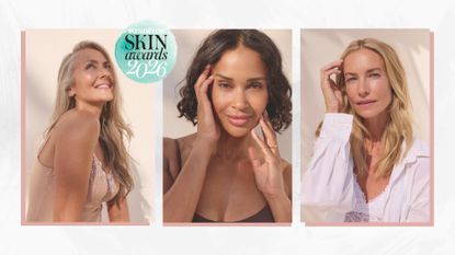 individual photographs of three women with healthy, radiant skin with a woman&home skin awards 2026 logo 