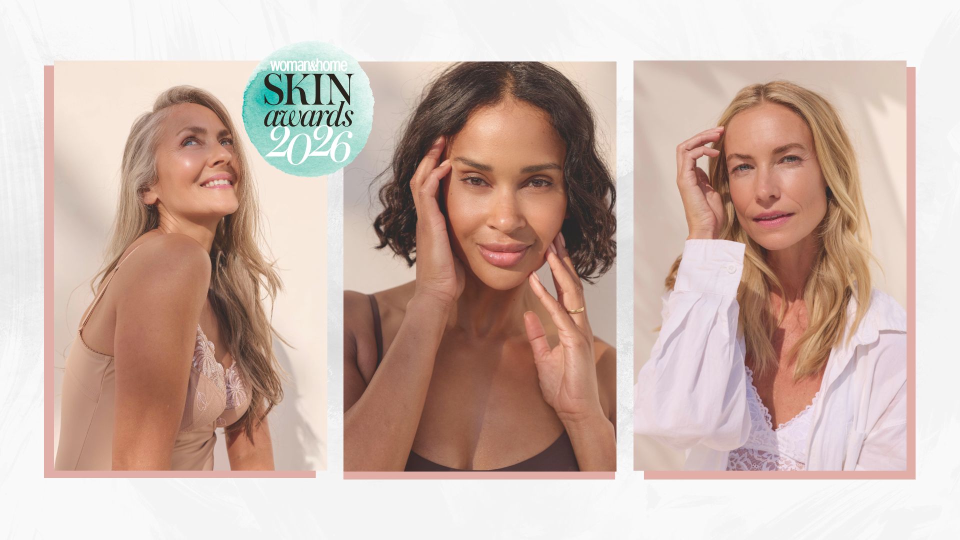 individual photographs of three women with healthy, radiant skin with a woman&amp;home skin awards 2026 logo 