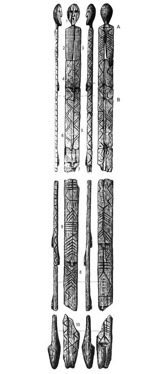 A drawing of the Shigir sculpture, including (A) the position of the anthropomorphic face discovered in 2014 and (B) the position of an anthropomorphic face found in 2003.