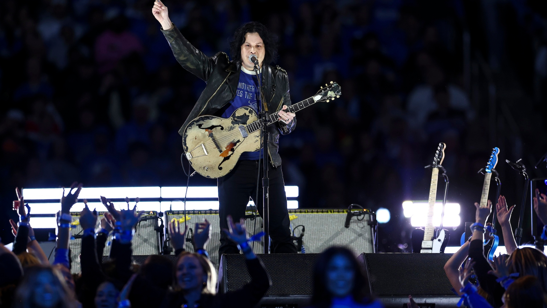 Jack White performs during halftime of a Thanksgiving NFL football game between the Detroit Lions and the Green Bay Packers at Ford Field on November 27, 2025 in Detroit, Michigan.