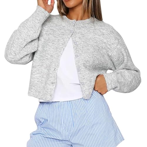 Womens Y2k Cardigan Sweaters Long Sleeve Open Front Button Down Crop Sweater Solid Knit Pullover Fall Outfits Tops (light Gray, L)