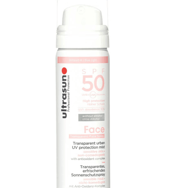 Ultrasun SPF 50 UV Face and Scalp Mist. A while spray can with black, pink and grey text