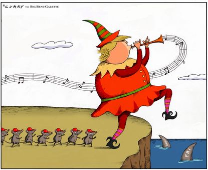 Political cartoon U.S. Trump Pied Piper MAGA conservatives Stormy Daniels FBI Russia Investigation