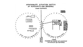 Sketch of the Auschwitz-Birkenau gas chambers and crematoria from the English-language version of the Vrba-Wetzler report, published November 1944.