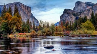 What is free soloing? View of the Merced River at Yosemite National Park, USA