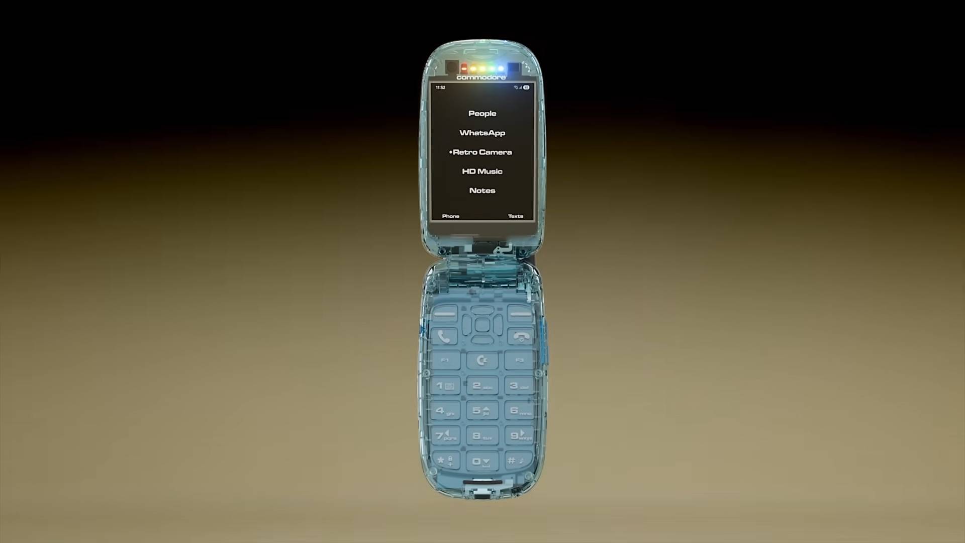 Commodore Callback 8020 flip-phone with dark beige backdrop with clamshell open and main menu on screen.