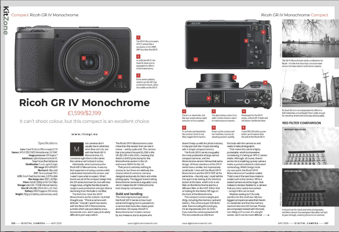 Image showing the first two pages of the Ricoh GR IV Monochrome camera review, in issue 307 (May 2026) of Digital Camera magazine