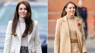 Composite of Kate Middleton wearing a roll neck jumper in Wales in 2023 and wearing a roll neck jumper dress in November 2022