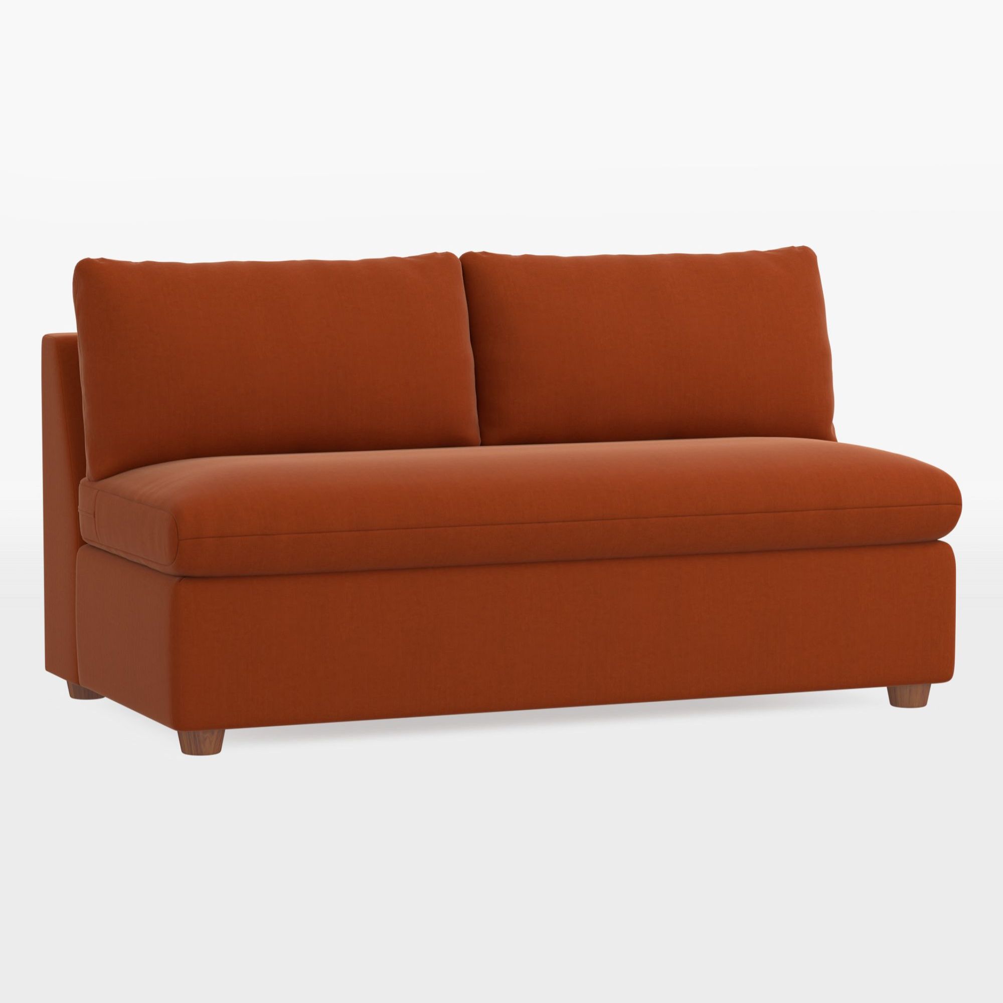 Armless orange velvet sofa