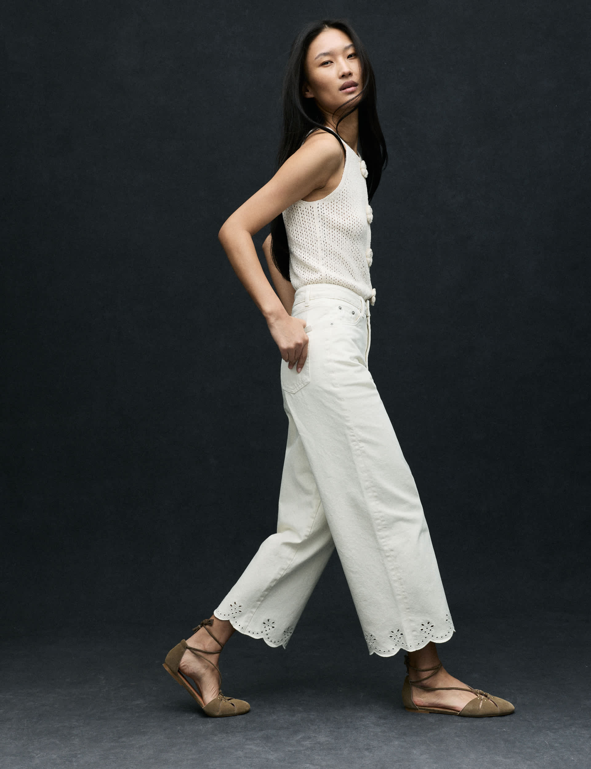 High Waisted Broderie Wide Leg Cropped Jeans