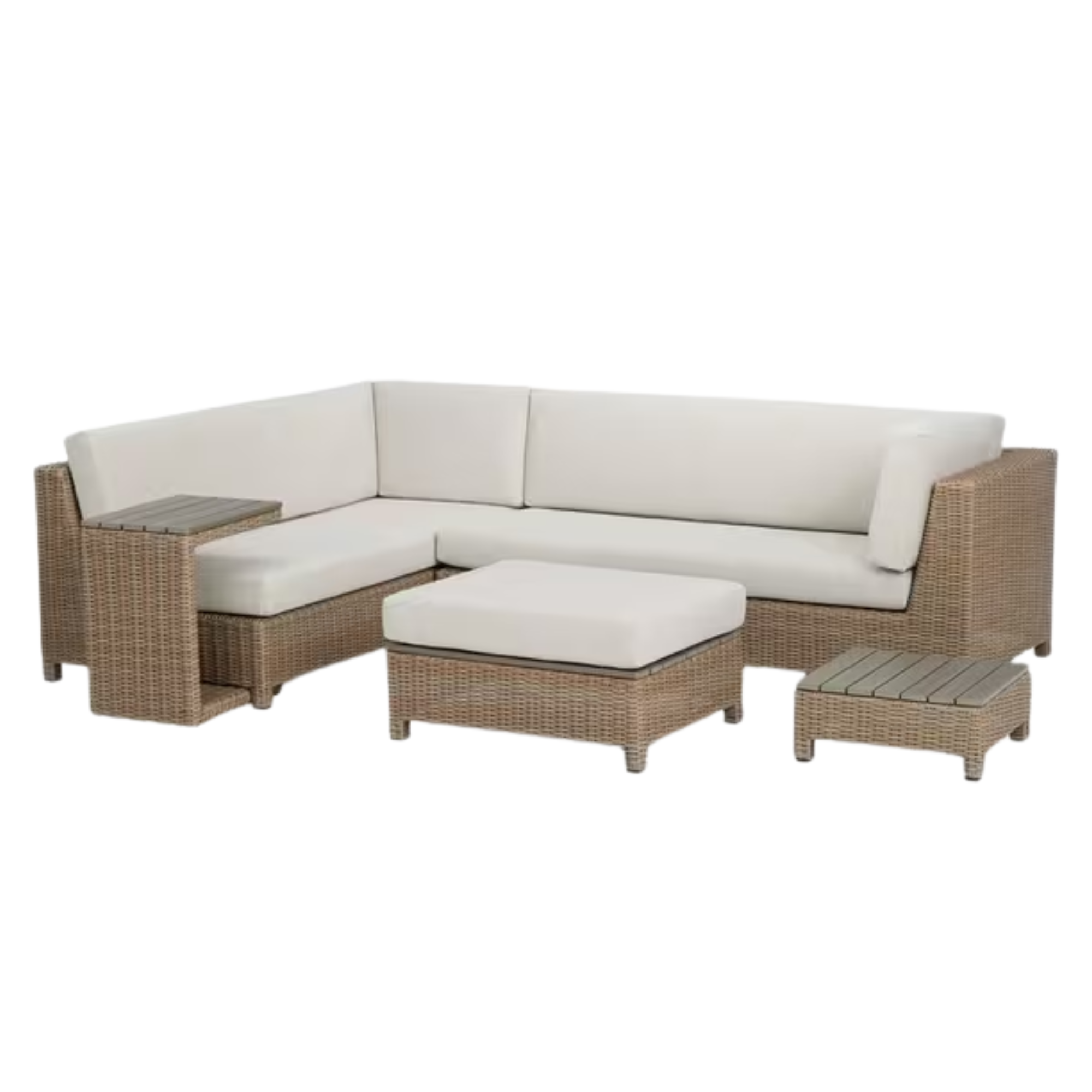 outdoor sofa set with a rattan weave frame and white cushions