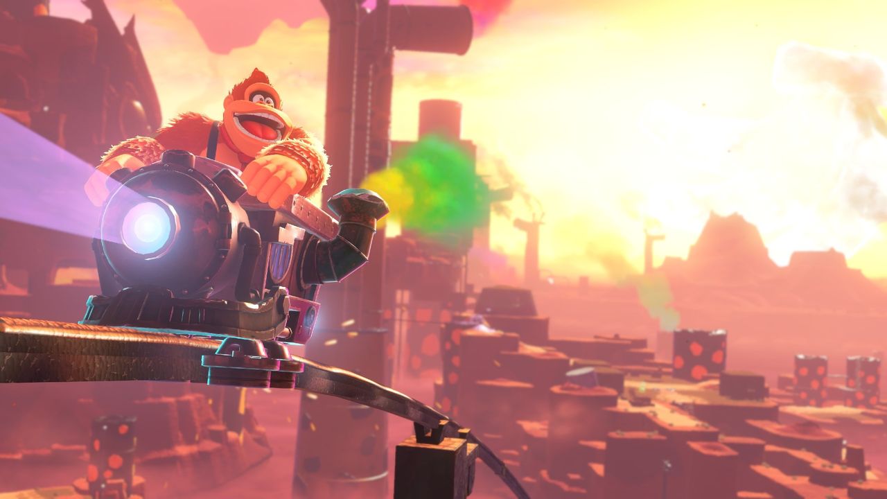 Donkey Kong Bananza screenshot of DK riding in a train kart on a rail