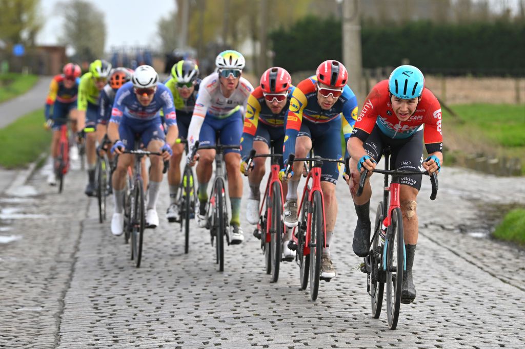 KOKSIJDE BELGIUM MARCH 15 LR Daan Hoole of The Netherlands and Team Lidl Trek and Arnaud De Lie of Belgium and Team Lotto Dstny lead the breakaway during the 22nd Bredene Koksijde Classic 2024 a 2012km one day race from Bredene to Koksijde on March 15 2024 in Koksijde Belgium Photo by Luc ClaessenGetty Images