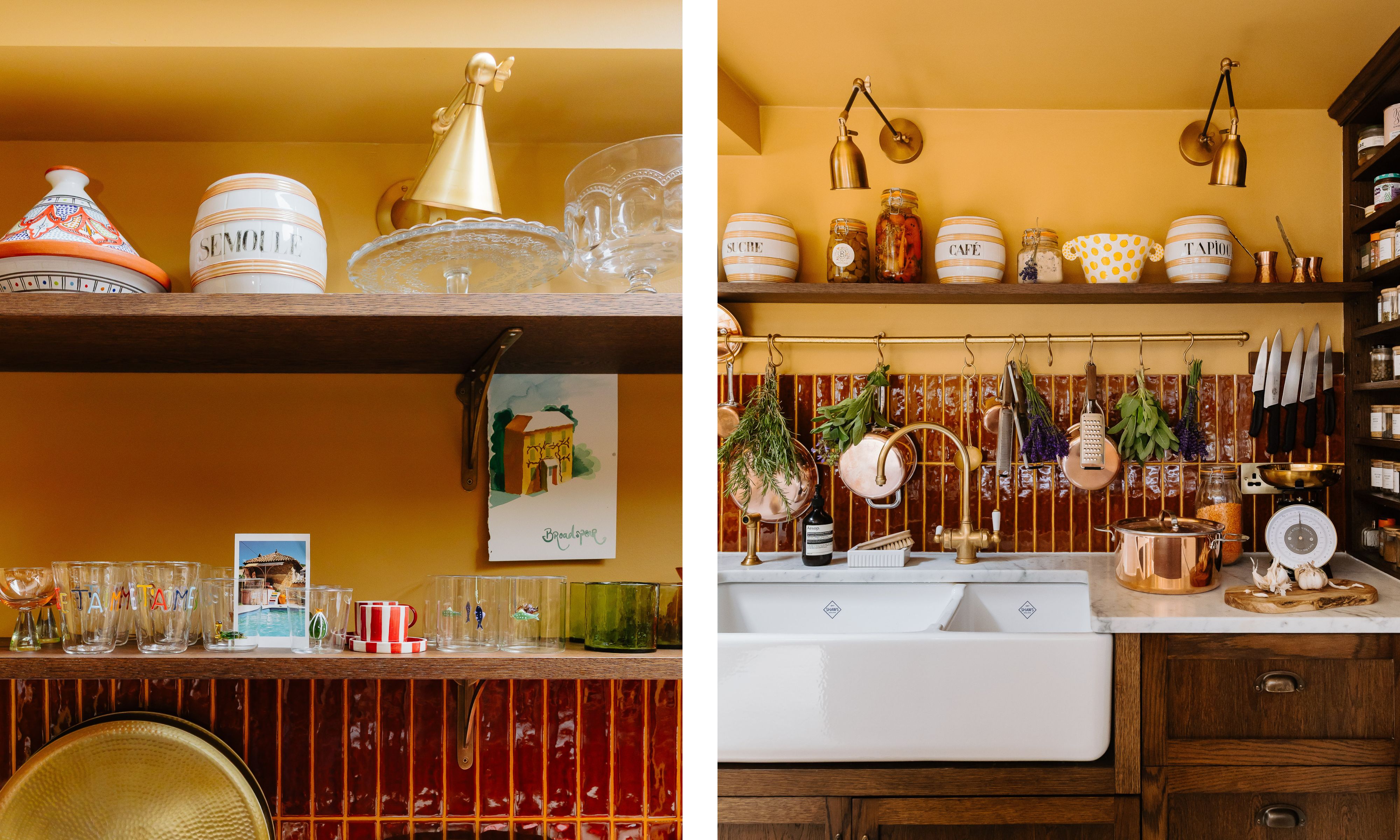 Two pictures side by side showcasing Clodagh McKenna's open kitchen shelving displaying collected kitchenware, decor, and ceramics