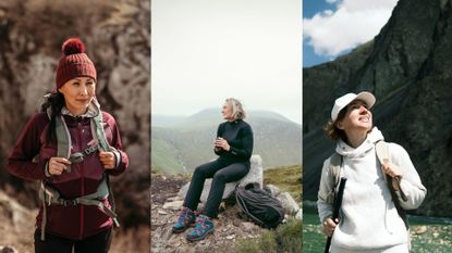 A selection of what to wear hiking as on three women with view of the mountains and trails behind them