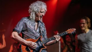 Brian May of Queen performs at the "We Will Rock You" musical premiere at Stage Palladium Theater on October 17, 2025 in Stuttgart, Germany. 