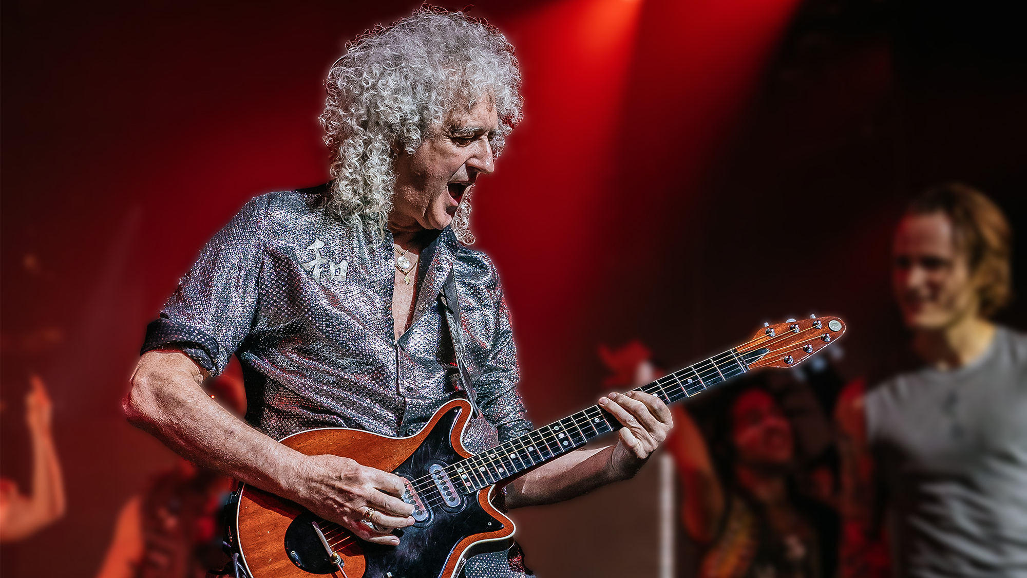 Brian May of Queen performs at the "We Will Rock You" musical premiere at Stage Palladium Theater on October 17, 2025 in Stuttgart, Germany.