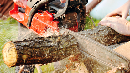 The best chainsaws 2023 hero image showing an orange chainsaw cutting through log