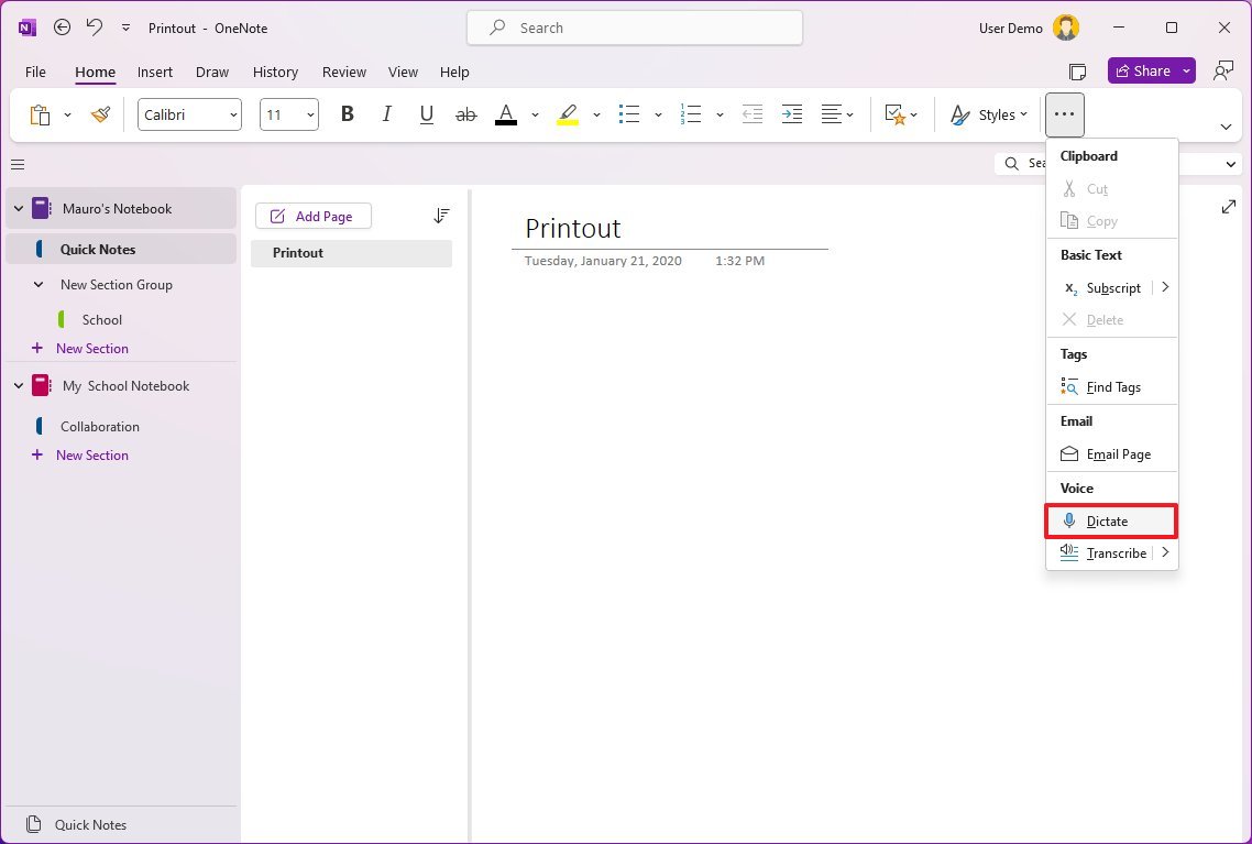 OneNote диктовать