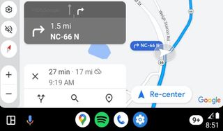 Google Maps' new persistent sidebar appearing in v11.90 of the app on Android Auto.